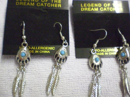 Bear paw & feathers earhooks, silvertone hypoaller